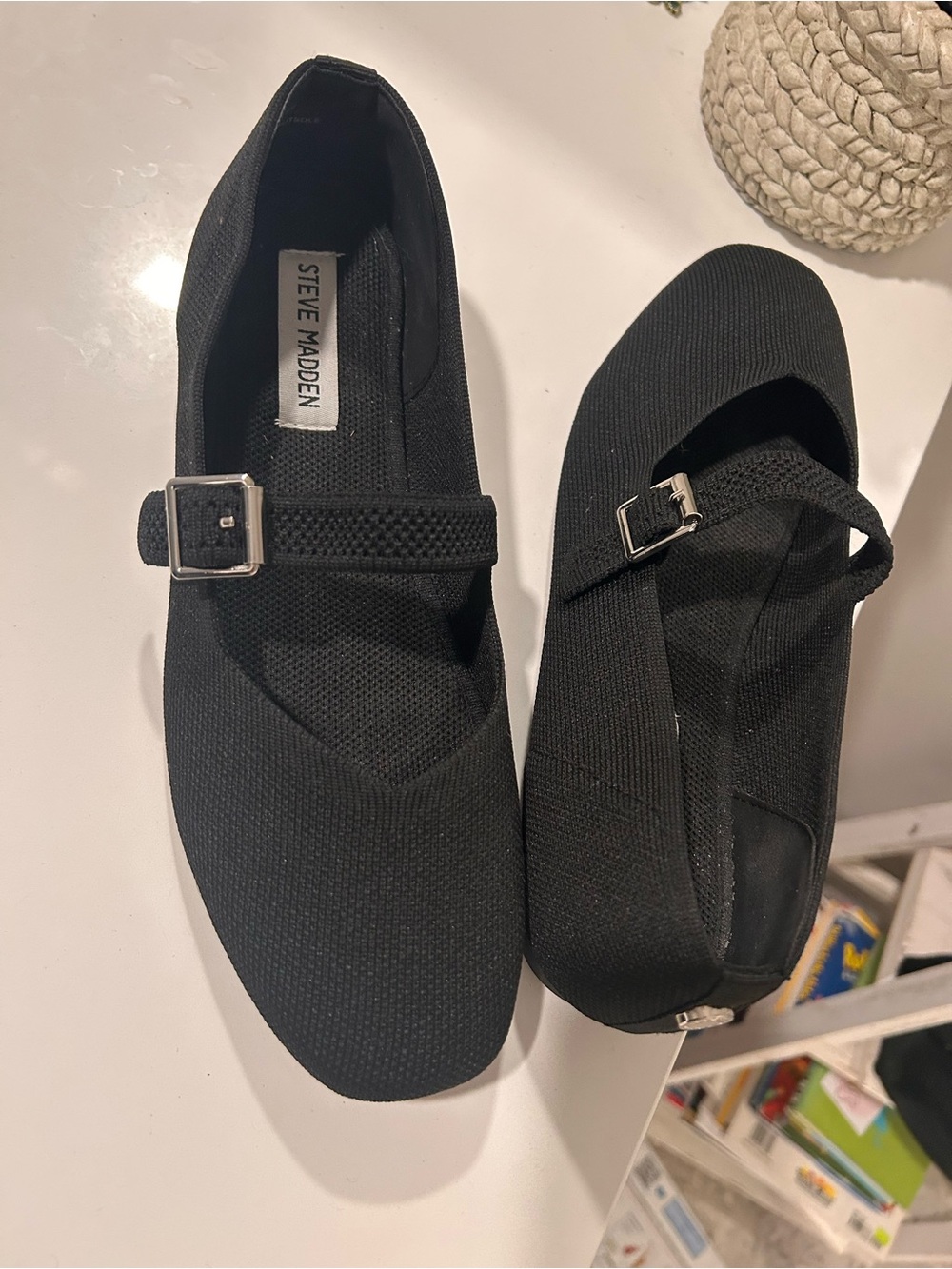 Steve Madden Black Mary Jane Knit Flats with Buckle